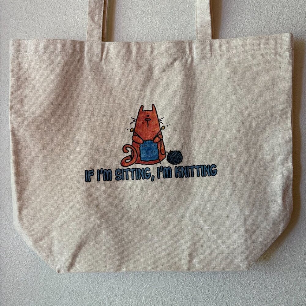 Orange Tabby Cat Knitting Canvas Tote Bag Knitters Cat Lady Person Beige Canvas - Picture 4 of 7